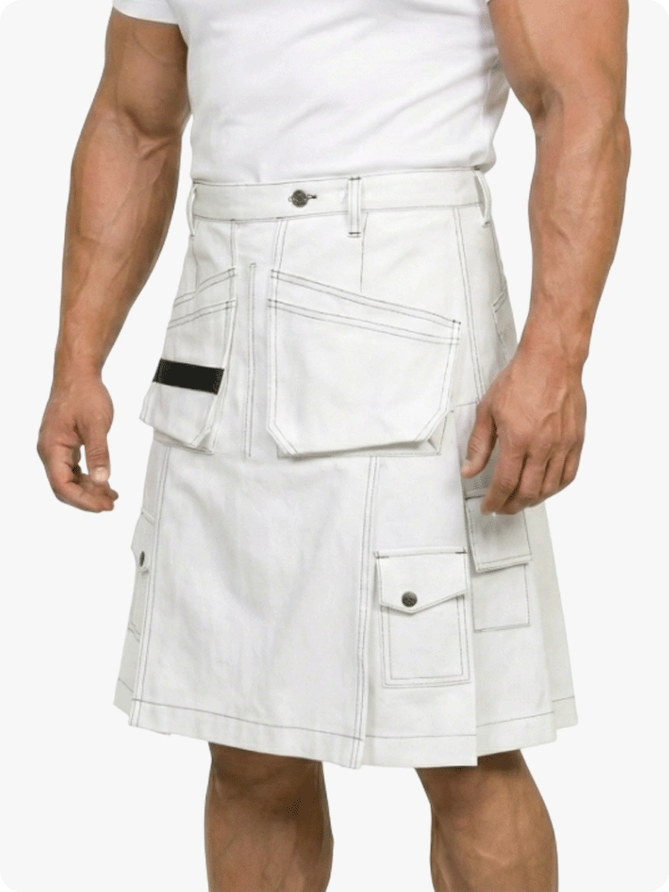 White kilt with multiple pockets worn by a person on a white background