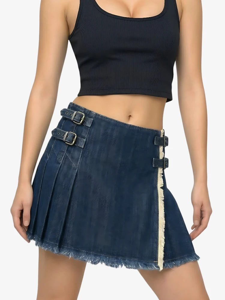 Kilt Plissé en Denim Bleu Foncé pour Femmes sur Mesure