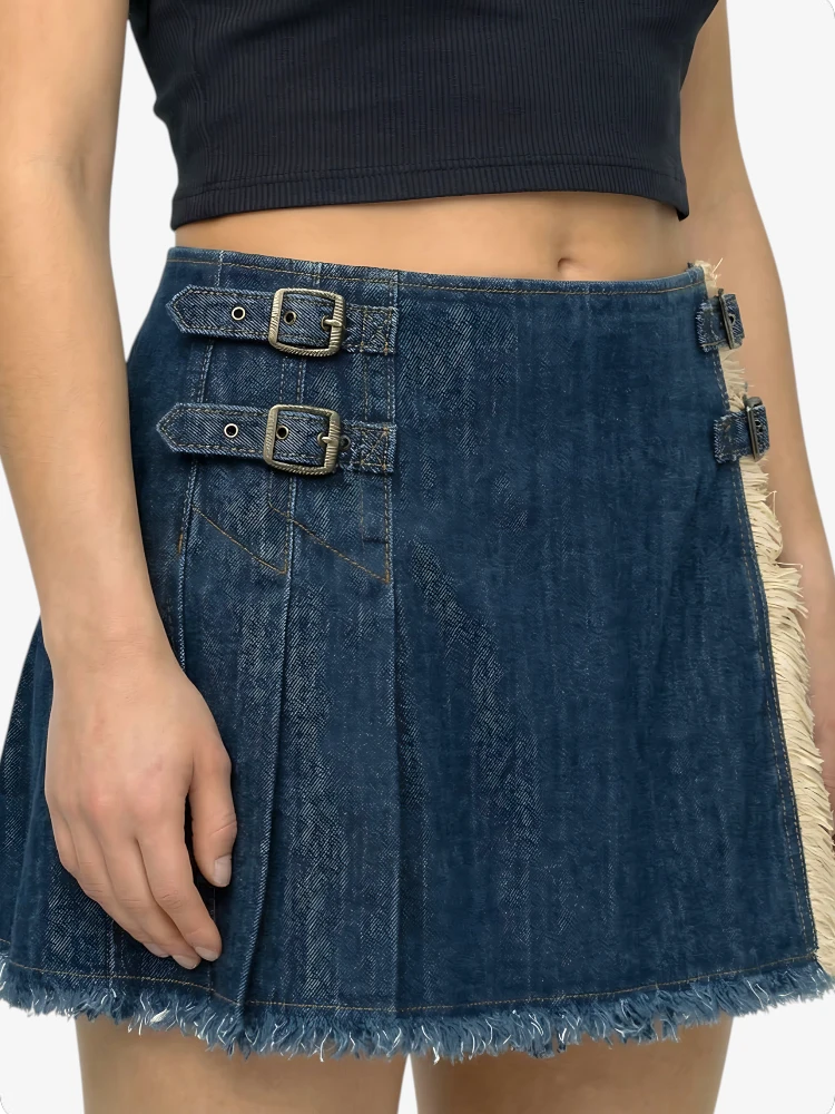 Kilt Plissé en Denim Bleu Foncé pour Femmes sur Mesure