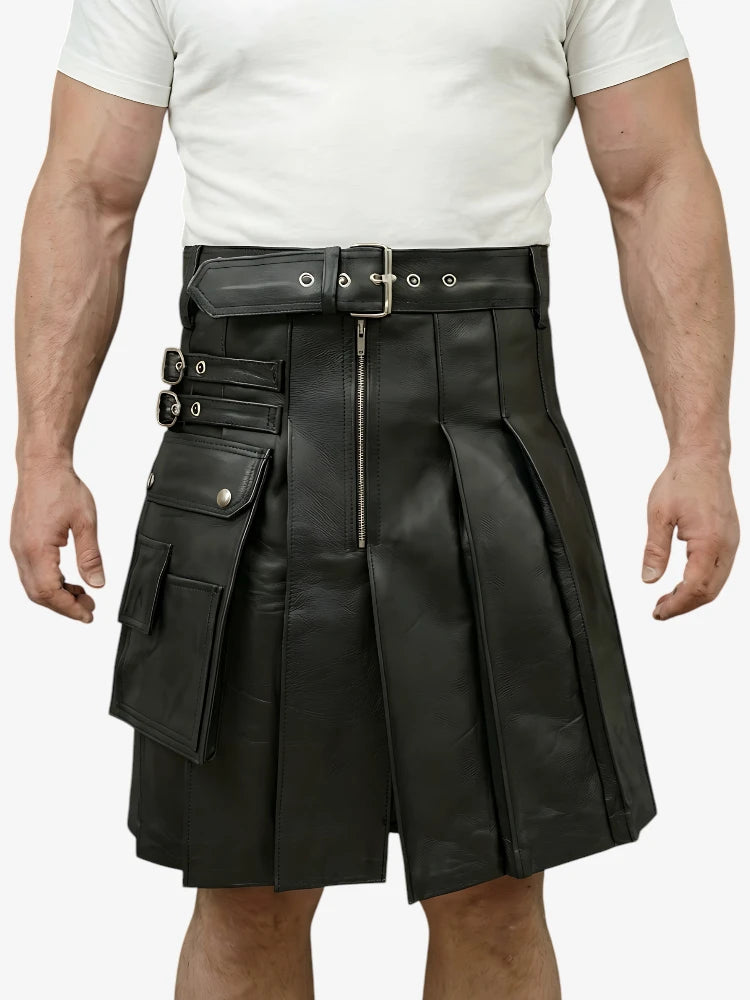Kilt en Cuir Noir Véritable Sur Mesure avec Poche Latérale
