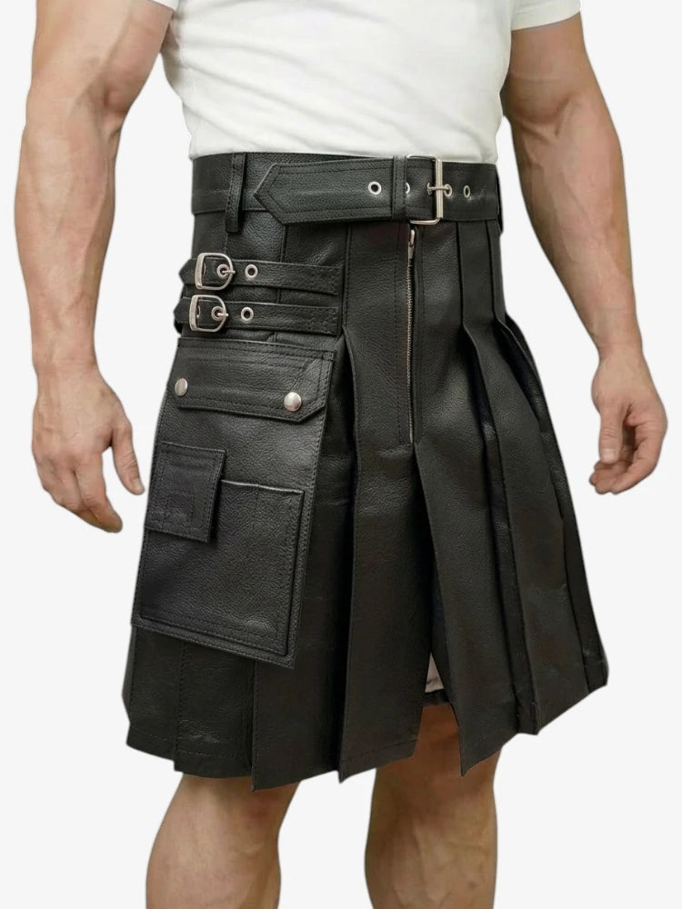 Kilt en Cuir Noir Véritable Sur Mesure avec Poche Latérale