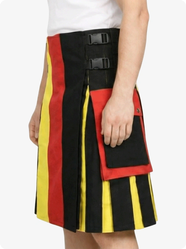 Person wearing a colorful striped kilt with black, red, and yellow colors on a white background.