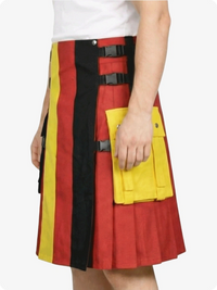 Person wearing a colorful striped kilt with red, yellow, and black colors on a white background.