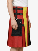 Red kilt with black and yellow accents worn by a person on a white background