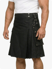 Black kilt with silver buttons worn by a person on a white background