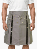 Gray kilt with black accents and gold buttons on a white background