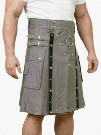 Gray and green hybrid kilt worn by a person on a white background