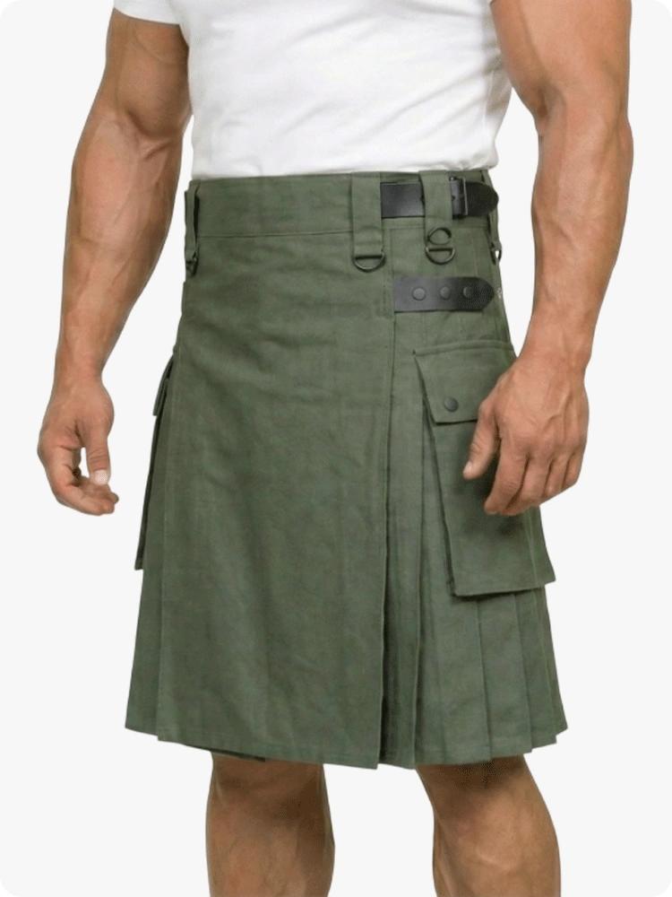 Person wearing a green kilt on a white background