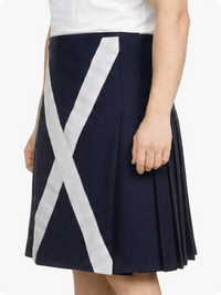 Navy pleated skirt with a large white 'X' design on a white background