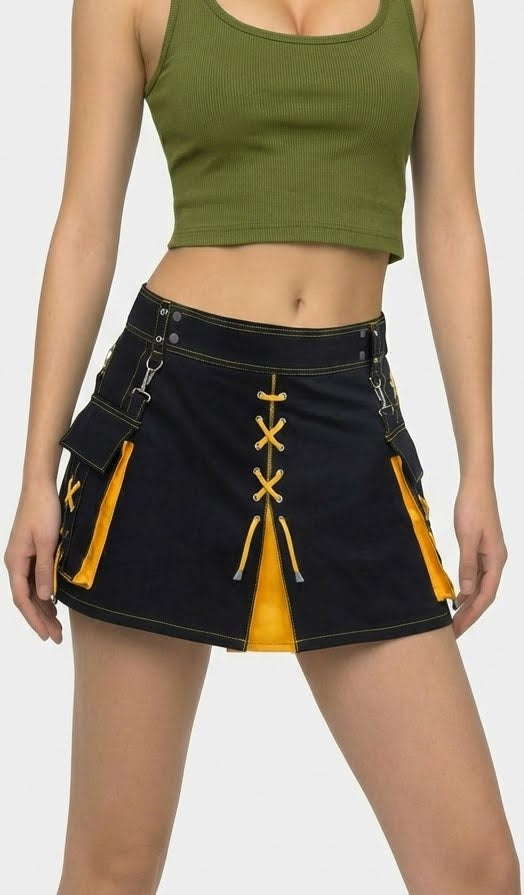 Kilt Hybride Femme Écossais Noir & Jaune Sur Mesure