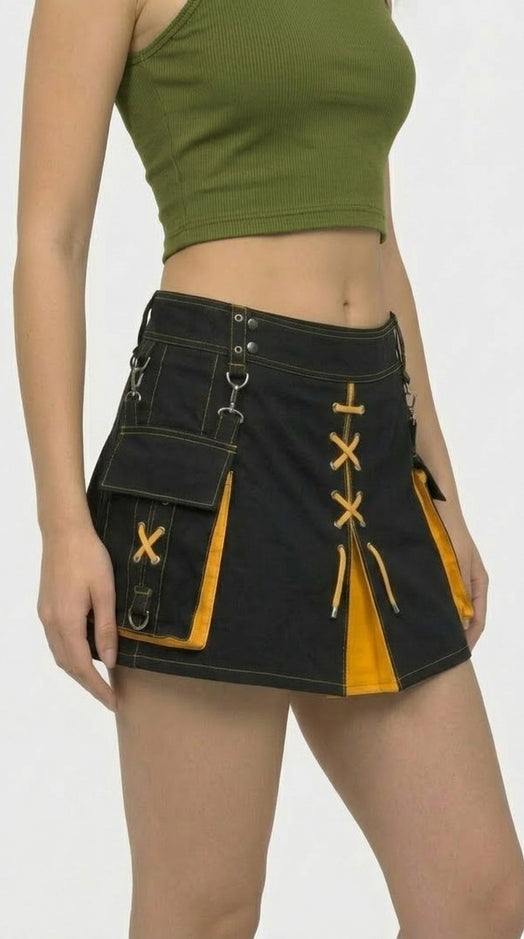 Kilt Hybride Femme Écossais Noir & Jaune Sur Mesure