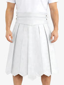 White pleated skirt worn by a person on a white background