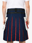 Navy pleated skirt with red accents worn by a person on a white background