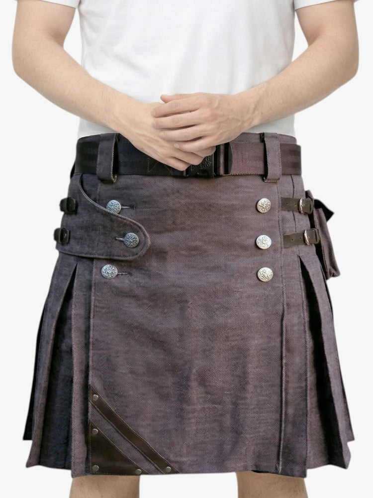 Jupe Écossaise en Denim Marron Foncé avec Détails Décoratifs