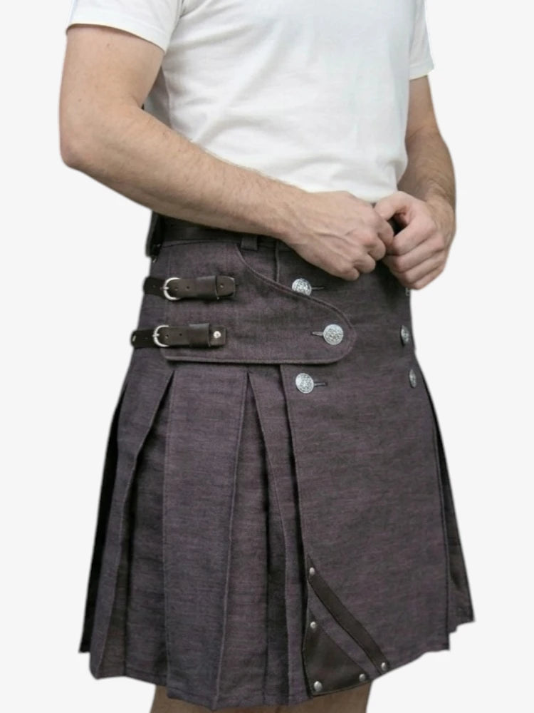 Jupe Écossaise en Denim Marron Foncé avec Détails Décoratifs