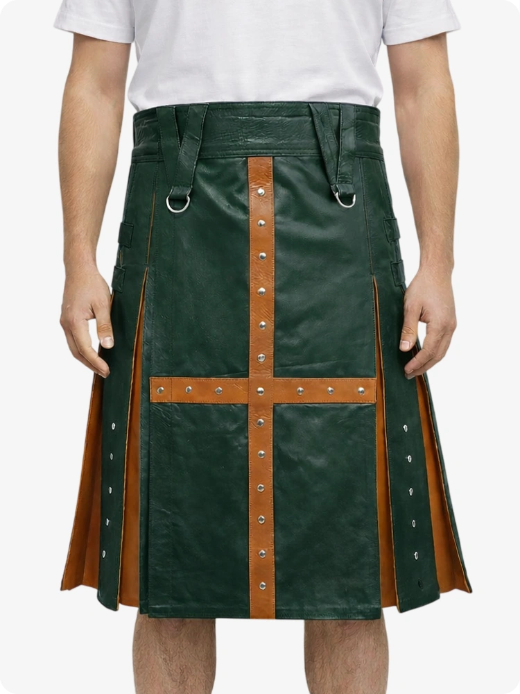 Dark Green Leather Utility Kilt with Brown Cross Panel & Metal Rivet Detailing