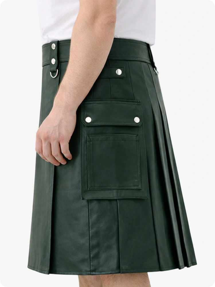 Dark Green Genuine Leather Utility Kilt with Cargo Pockets & D-Rings
