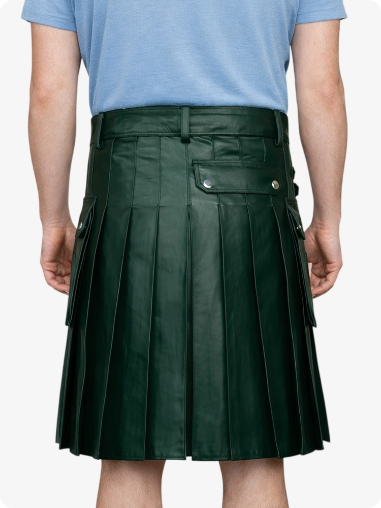 Dark Green Genuine Leather Utility Kilt with Side Pockets