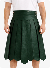 Dark Green Leather Highland Kilt Adjustable Buckle Waist & Classic Pleats