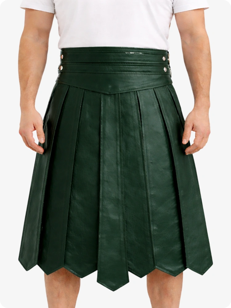 Dark Green Leather Highland Kilt Adjustable Buckle Waist & Classic Pleats