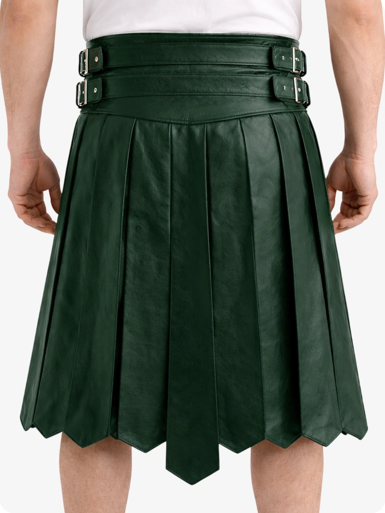 Dark Green Leather Highland Kilt Adjustable Buckle Waist & Classic Pleats