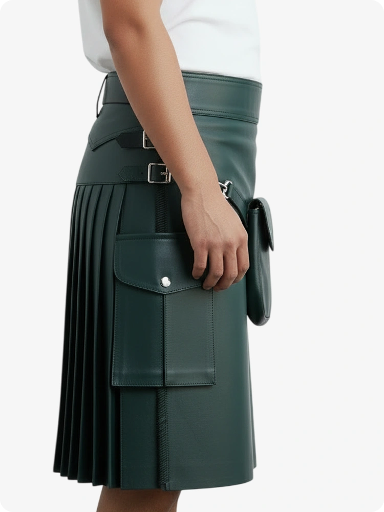 Kilt en cuir plissé vert foncé avec passants de ceinture et sangles latérales