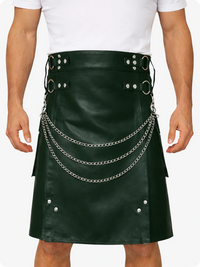 Dark Green Leather Utility Kilt with Chain Detailing & Adjustable Straps