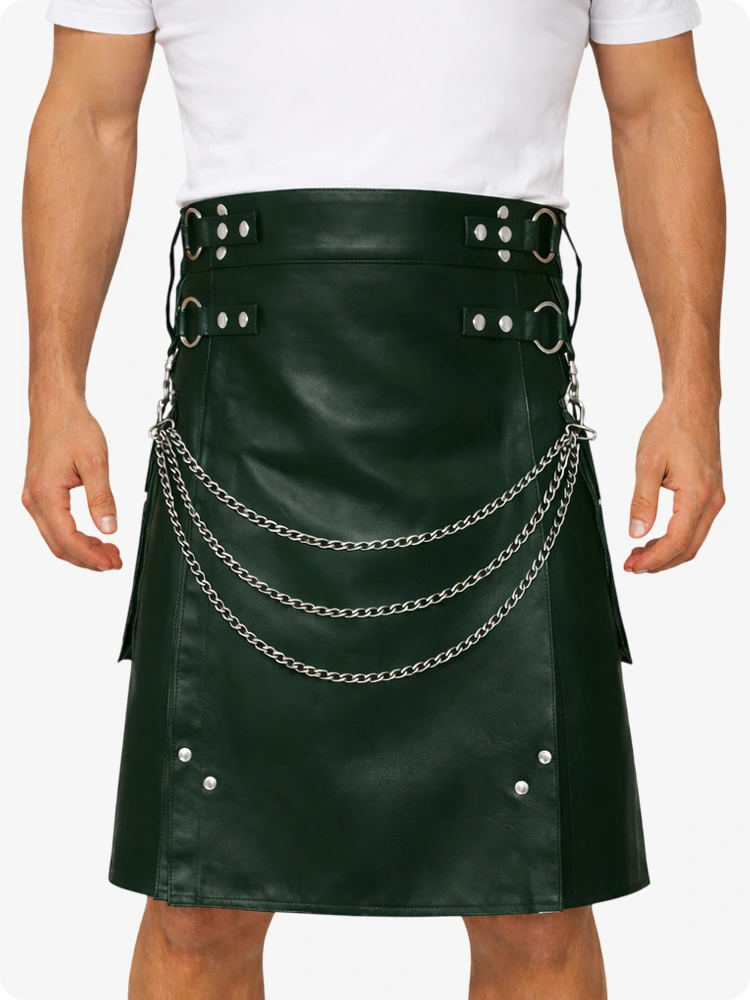 Dark Green Leather Utility Kilt with Chain Detailing & Adjustable Straps