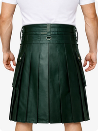 Dark Green pleated kilt worn by a person on a white background