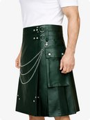 Dark Green Leather Utility Kilt with Chain Detailing & Adjustable Straps