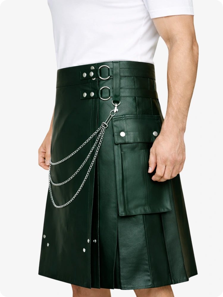 Dark Green Leather Utility Kilt with Chain Detailing & Adjustable Straps