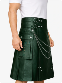 Dark Green leather kilt with silver chain on a white background