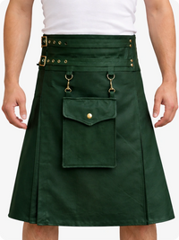 Dark Green kilt with gold accents worn by a person on a white background