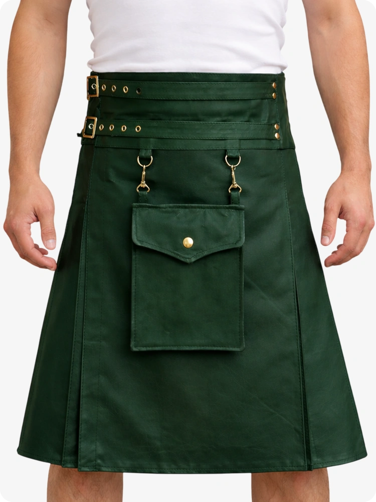 Dark Green Leather Utility Kilt with Front Pocket & Adjustable Buckle Straps
