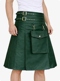 Dark Green leather skirt with gold buckles and pockets on a white background