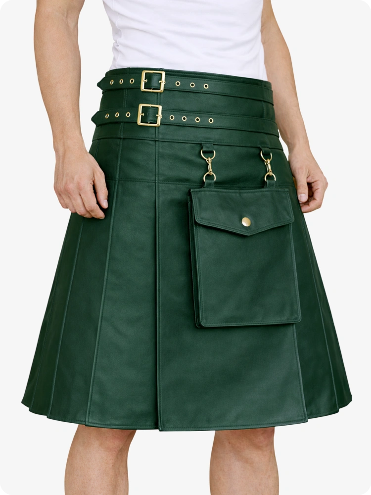 Dark Green leather skirt with gold buckles and pockets on a white background