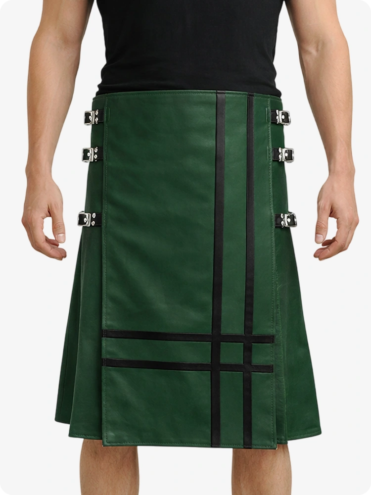 Dark Green Leather Utility Kilt with Side Buckles & Pleated Back
