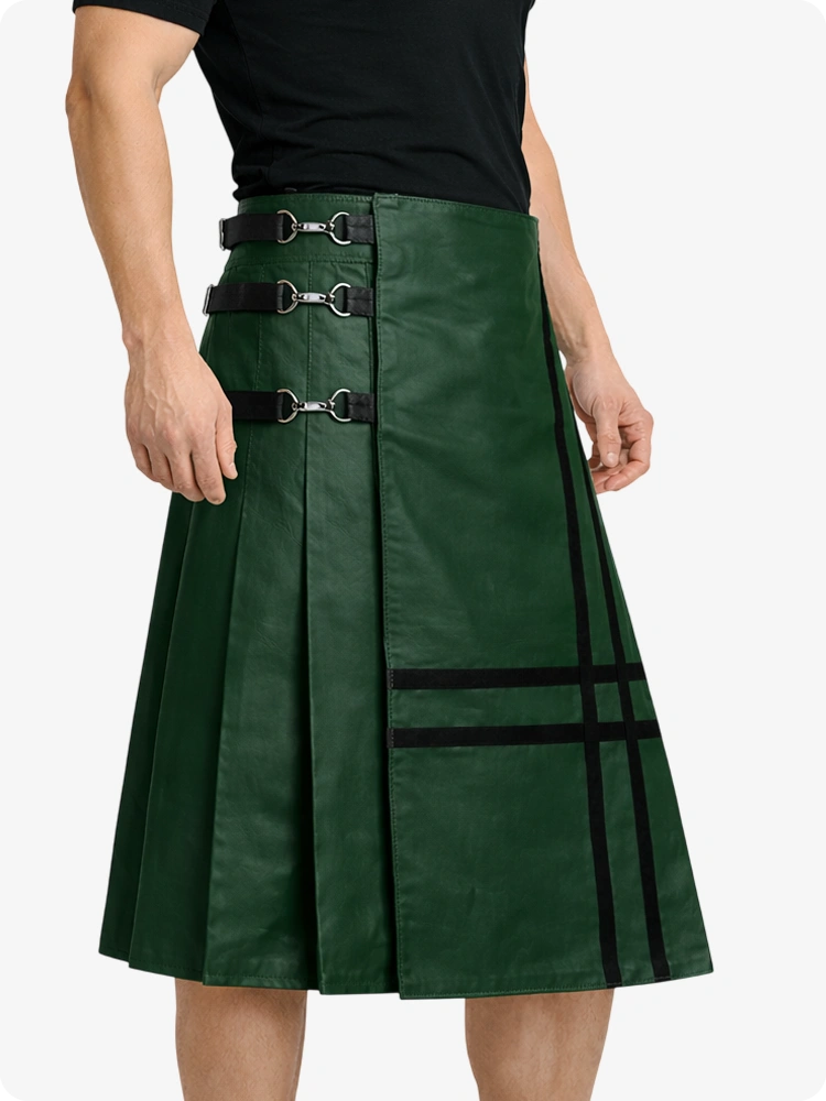 Dark Green Leather Utility Kilt with Side Buckles & Pleated Back