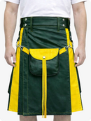 Dark Green Leather Utility Kilt with Yellow Accents & Detachable Pockets