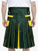 Dark Green Leather Utility Kilt with Yellow Accents & Detachable Pockets