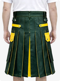 Dark Green Leather Utility Kilt with Yellow Accents & Detachable Pockets