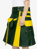 Dark Green Leather Utility Kilt with Yellow Accents & Detachable Pockets