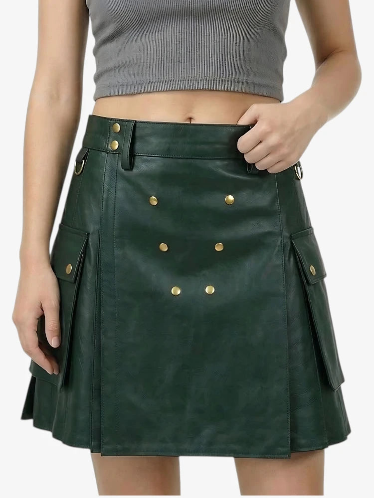 Kilt en cuir vert foncé fait main pour femme