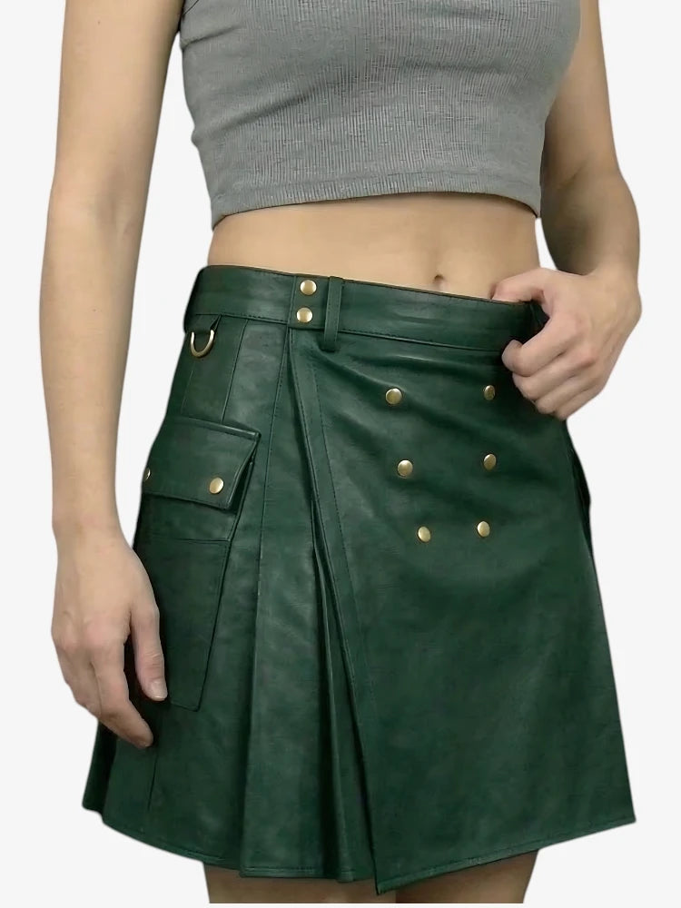 Kilt en cuir vert foncé fait main pour femme