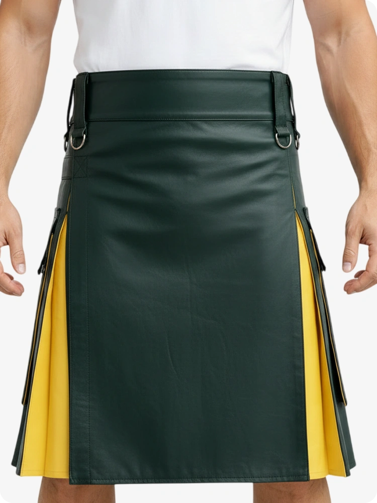 Kilt en cuir vert foncé et jaune avec poches cargo