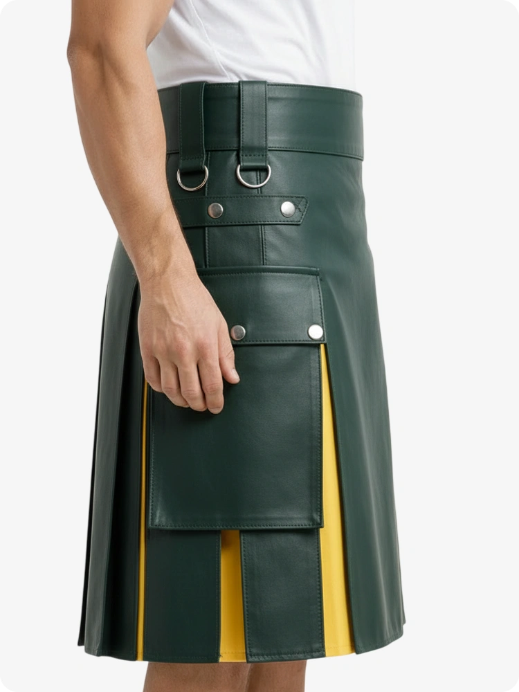 Kilt en cuir vert foncé et jaune avec poches cargo
