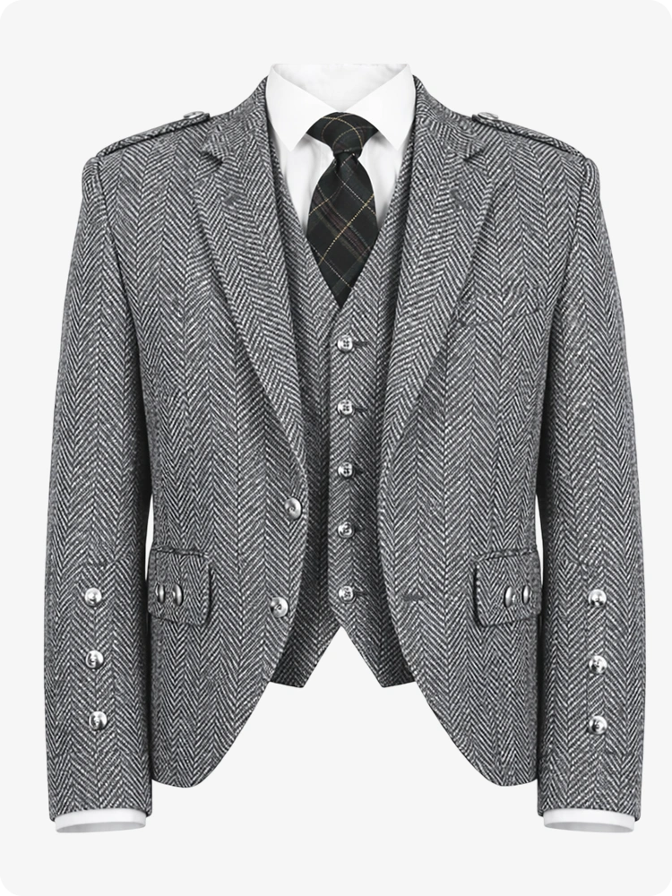 Dark Grey Tweed Argyle Kilt Jacket With Vest