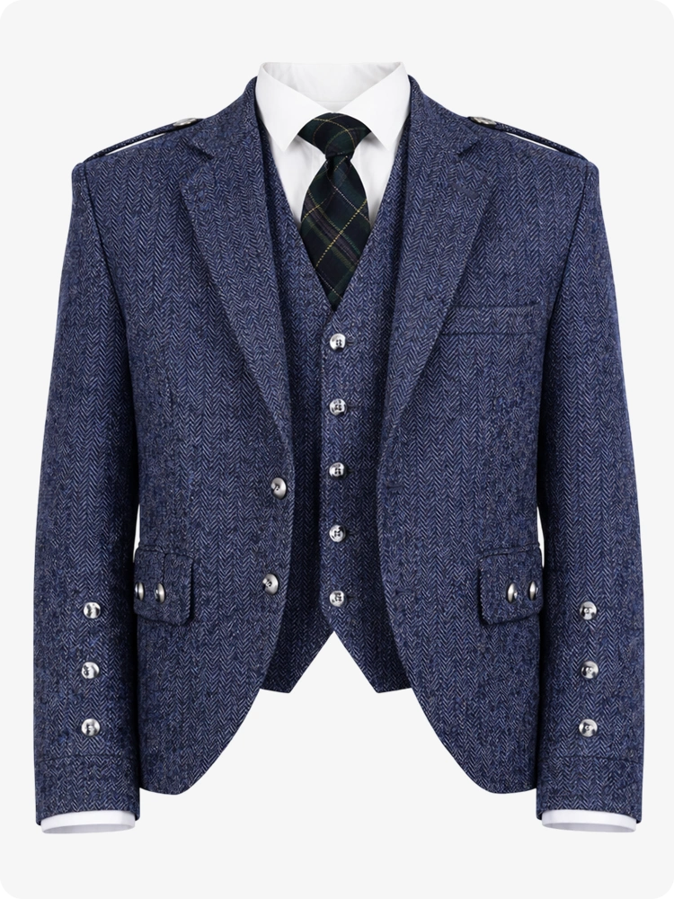 Blue Tweed Argyle Kilt Jacket With Vest