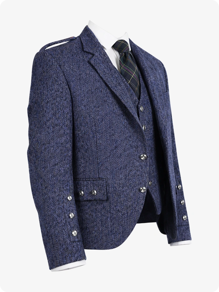 Blue Tweed Argyle Kilt Jacket With Vest