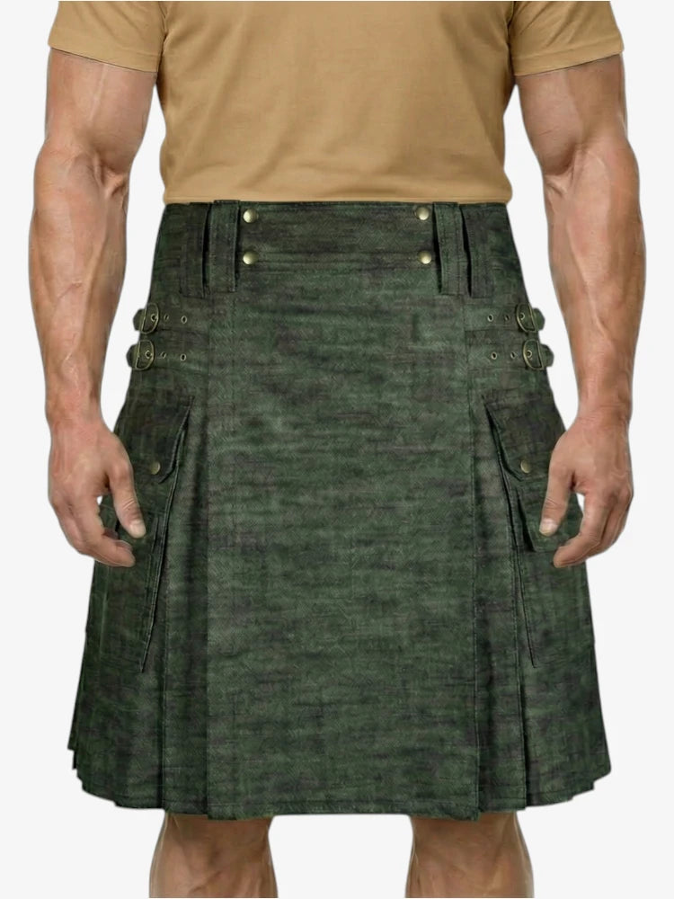 Jupe Écossaise en Denim Vert Olive Foncé avec Poche Cargo